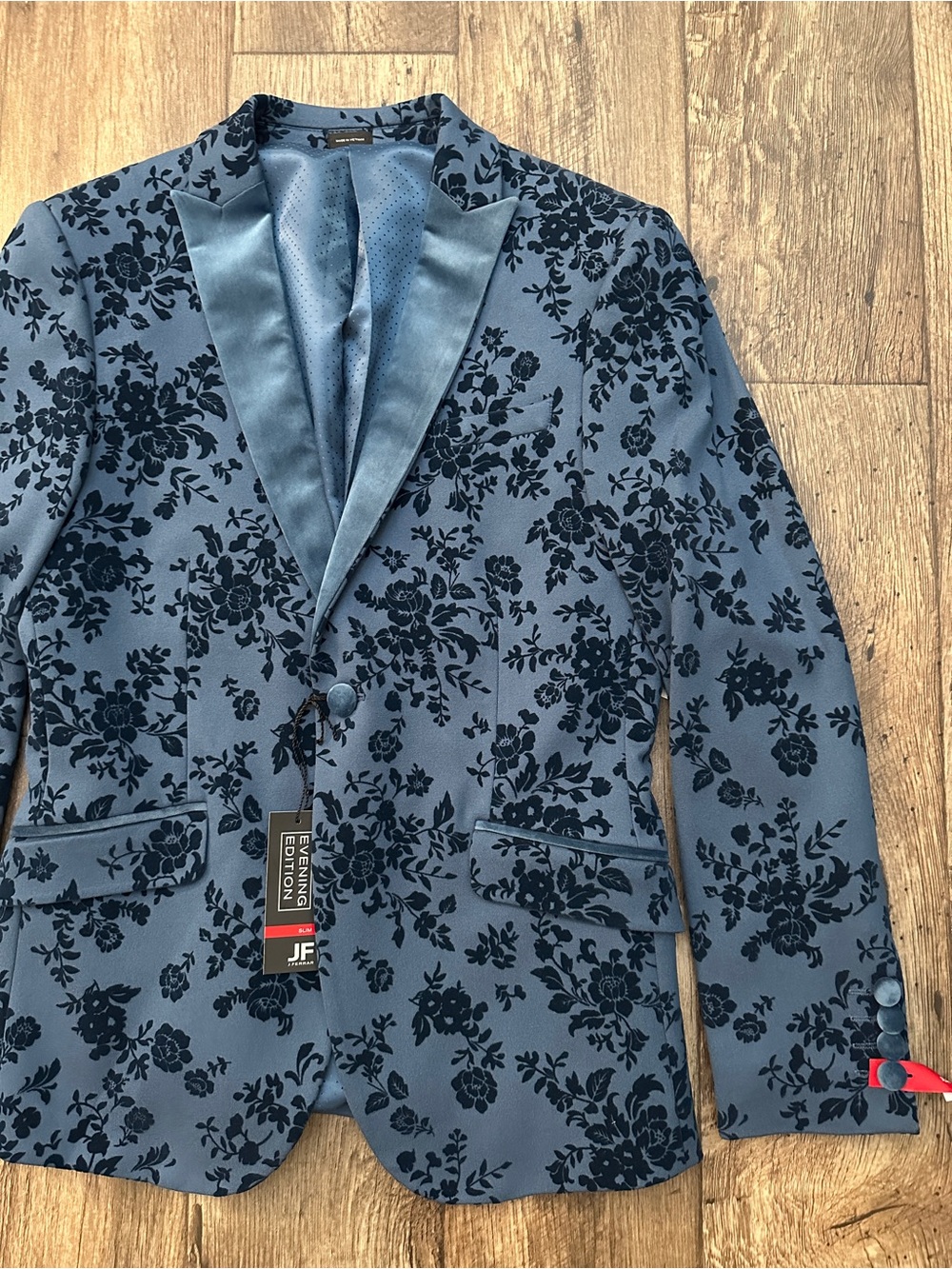 JF J. Ferrar Slim Evening Velvet Tuxedo Blazer Jacket Sz 38Sh Teal Blue Floral